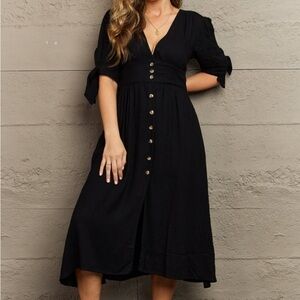 HEYSON Midi Dress Textured Linen V-Neck Button-Down lined pockets NWT